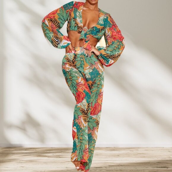 PrettyLittleThing Other - Pretty Little Thing Orange Big Leaf Tie Front Wide Leg Beach 2-Pc Set Sz10 NWT